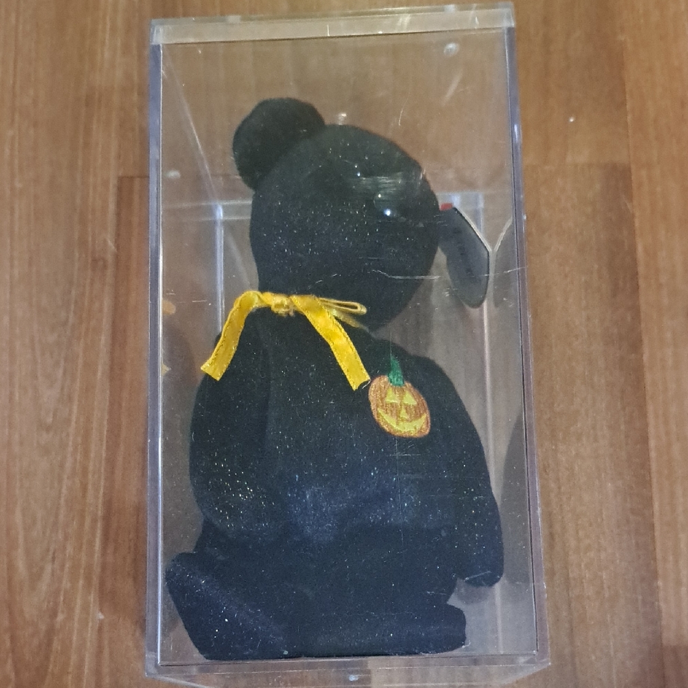Ty Black Bear with Yellow Ribbon and Pumpkin Badge